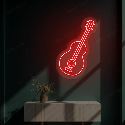 red acoustic guitar neon sign mounted on a wall