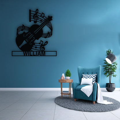 Violin Music Notes Custom Name Metal Monogram in Black Color