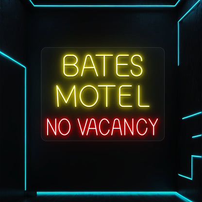 yellow and red bates motel no vacancy vintage neon sign mounted on a wall