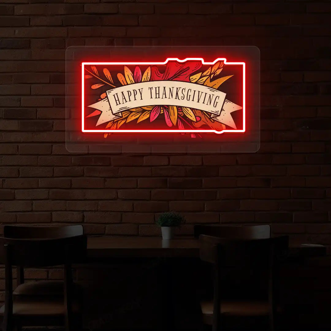 Autumn leaves happy thanksgiving neon sign in red