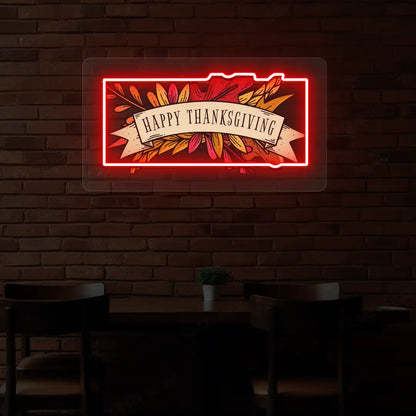 Autumn leaves happy thanksgiving neon sign in red