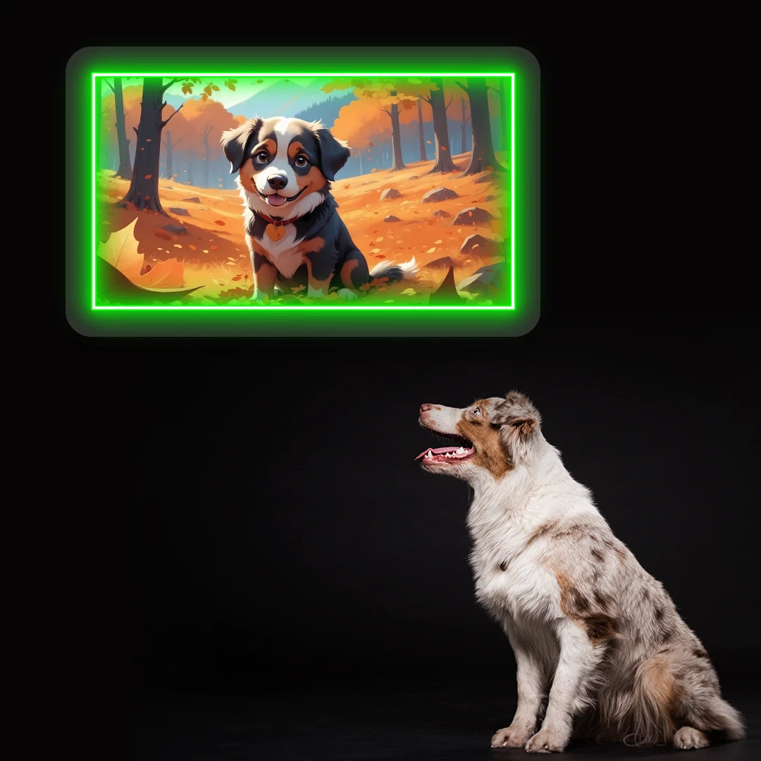 Autumn Forest Australian Shepherd Puppy Neon Artwork in Green color