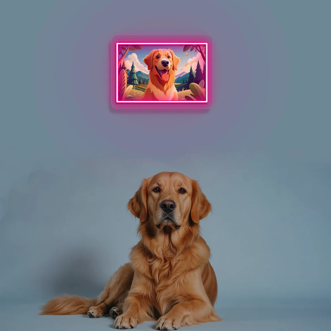Mountain Trail Golden Retriever Portrait Neon Artwork in pink color