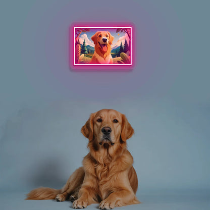 Mountain Trail Golden Retriever Portrait Neon Artwork in pink color