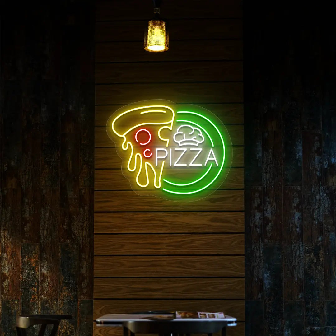 green white yellow and red pizza slice neon sign mounted on a wall