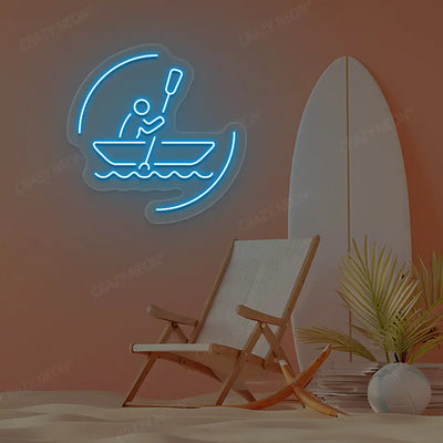 ice blue solo rowing boat neon sign mounted on a wall
