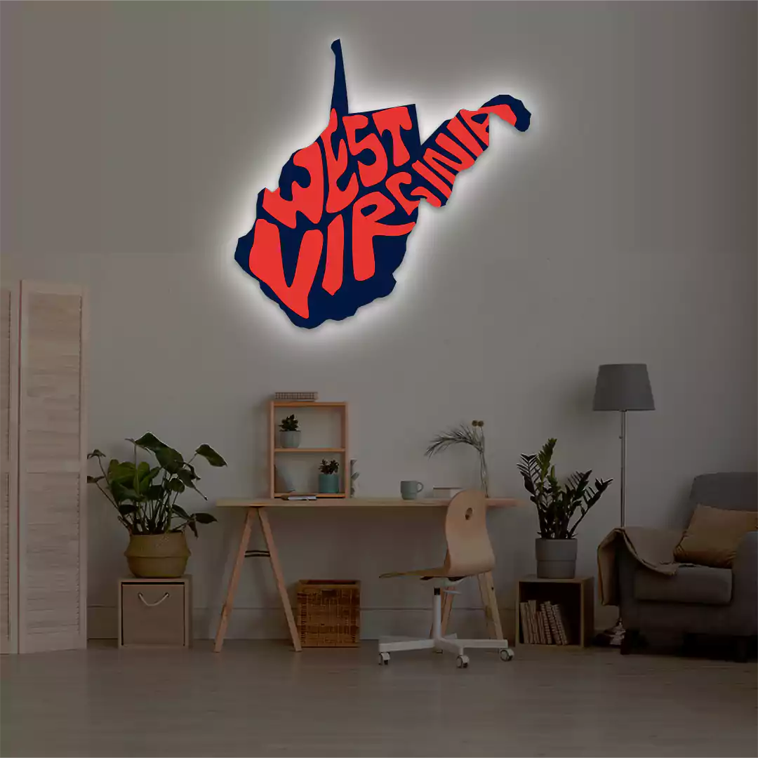 West Virginia map backlit metal wall art vinyl print with warm white LED glow