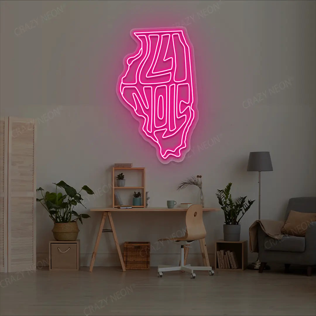 ILLINOIS Map Neon Sign lighting up in pink color in a room