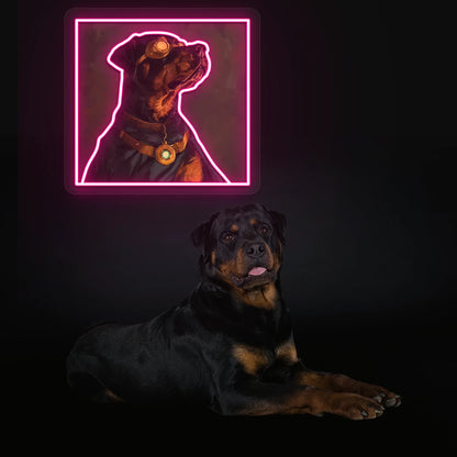 Steampunk Guardian Rottweiler Neon Artwork in pink color