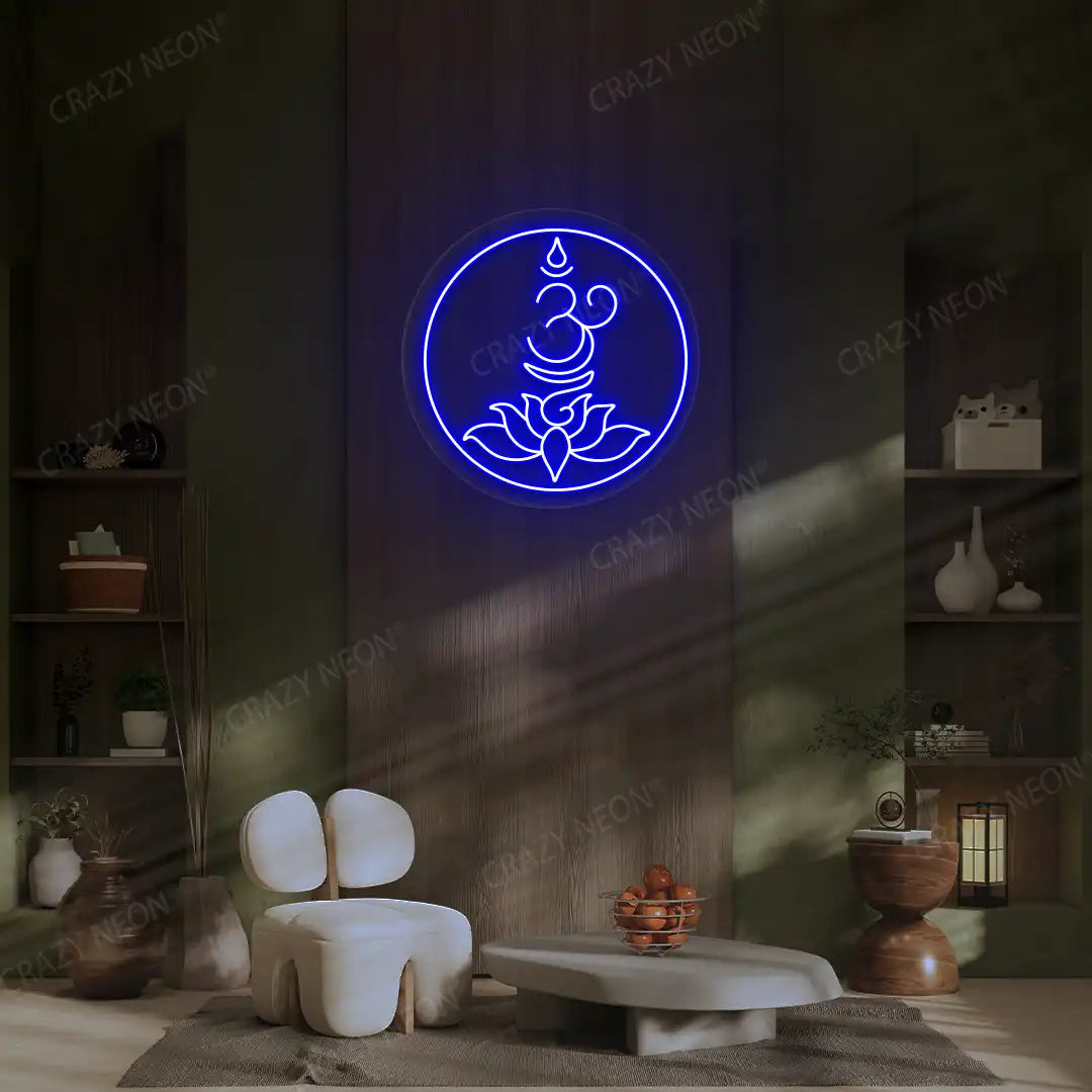 Om Lotus Neon Sign lighting up in blue color in a yoga room