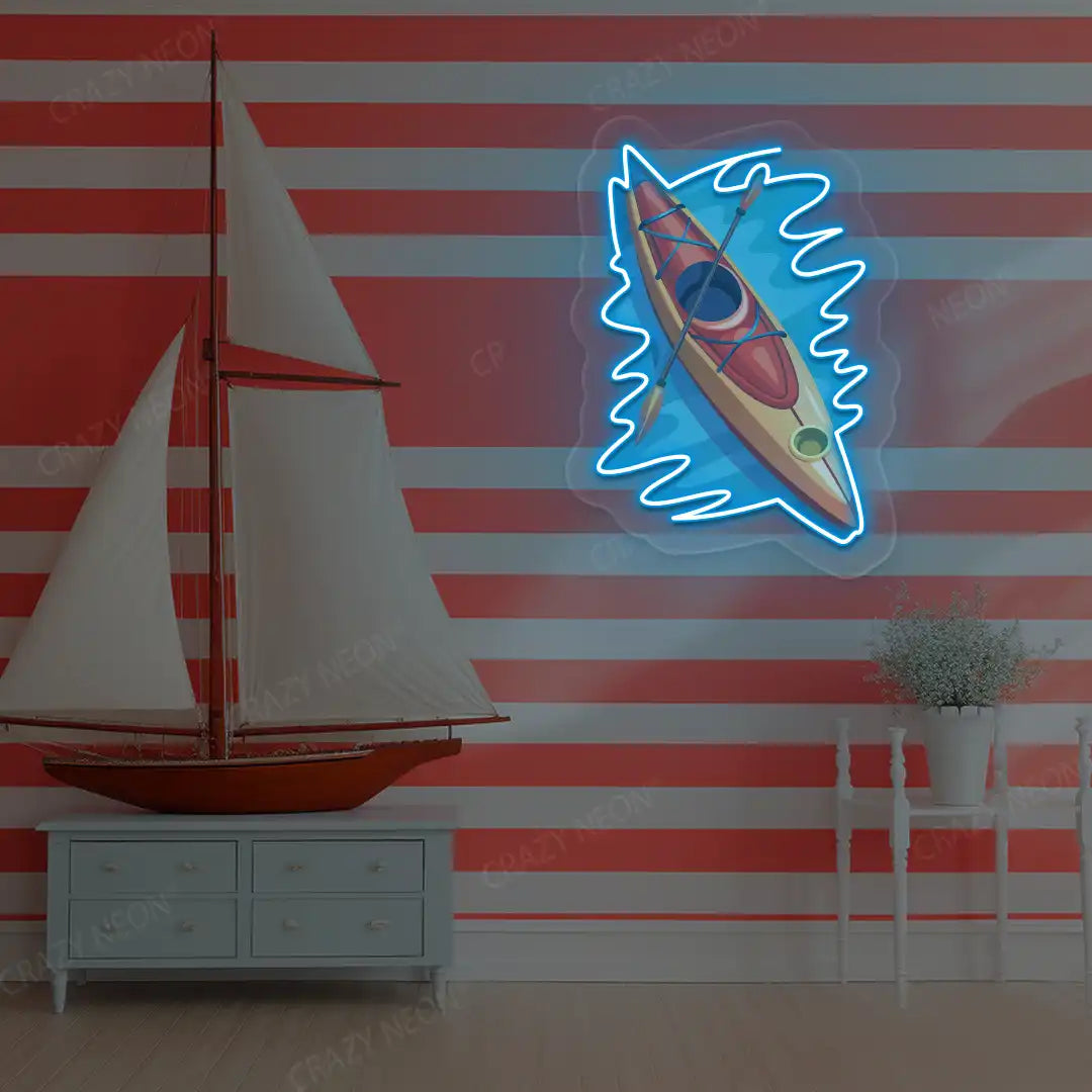 ice blue floating kayak neon artwork mounted on a wall