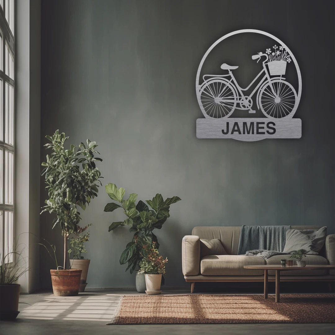 Floral Bicycle Name Custom Metal Monogram in Silver finish