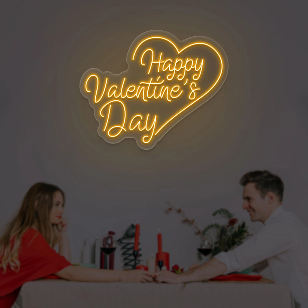 Happy valentine Day With Heart Neon Sign | Orange