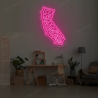 CALIFORNIA Map Neon Sign lighting up in pink color in a room