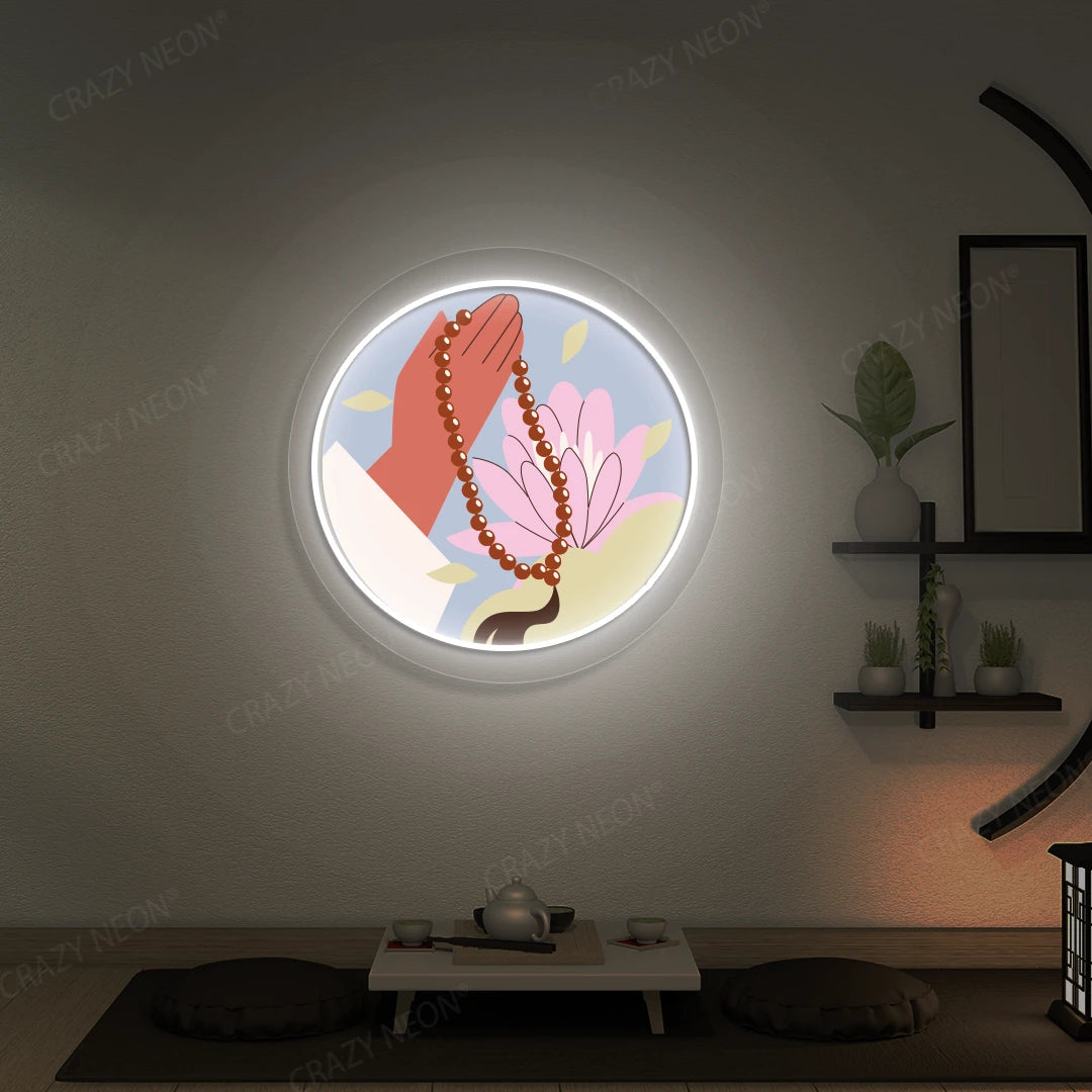 Lotus Japa Neon Artwork lighting up in white color in a yoga room