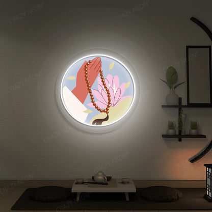 Lotus Japa Neon Artwork lighting up in white color in a yoga room