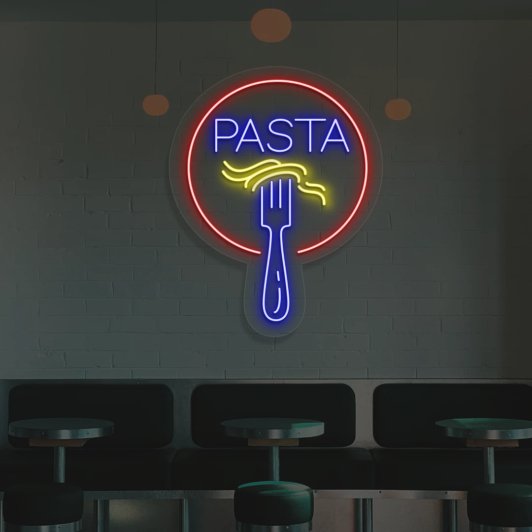 blue yellow and red fork and pasta neon sign mounted on a wall