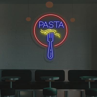 blue yellow and red fork and pasta neon sign mounted on a wall
