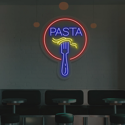blue yellow and red fork and pasta neon sign mounted on a wall