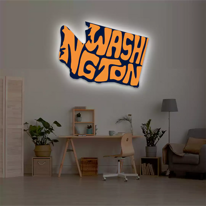 Washington map backlit metal wall art vinyl print with warm white LED glow