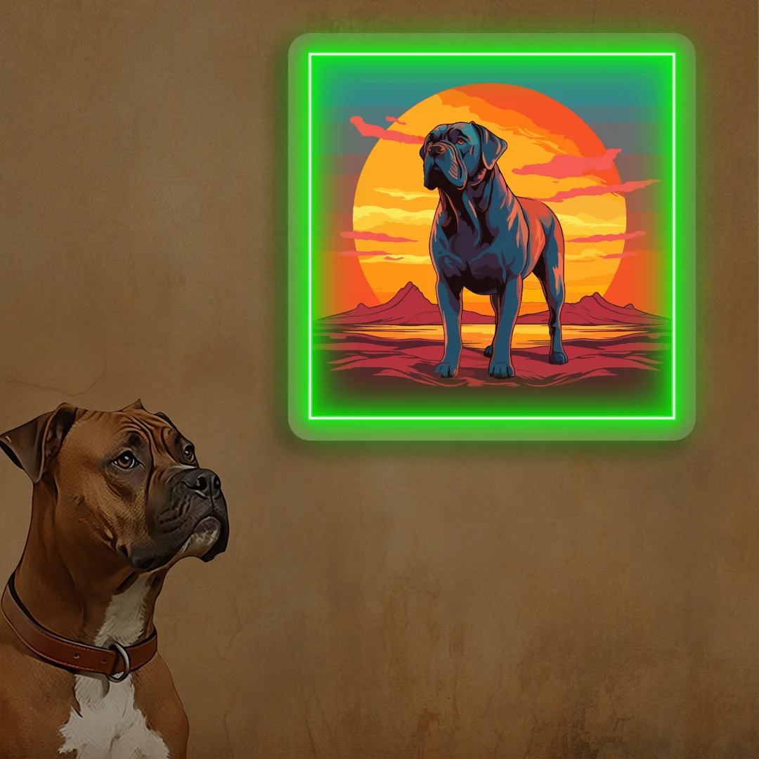 Sunset Canyon Mastiff Dog Neon Artwork in Green color