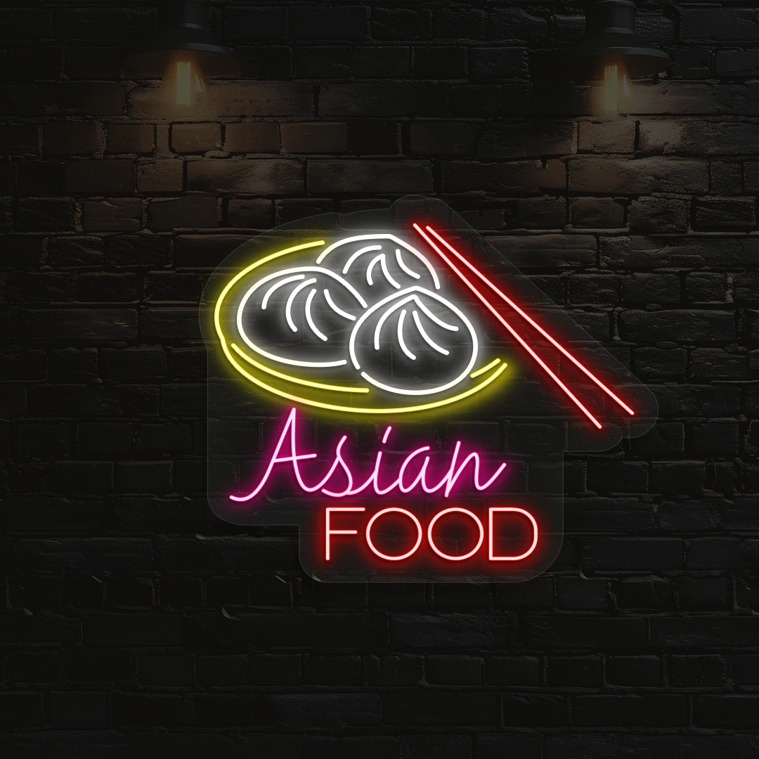 red pink white and yellow bao asian food neon sign mounted on a wall