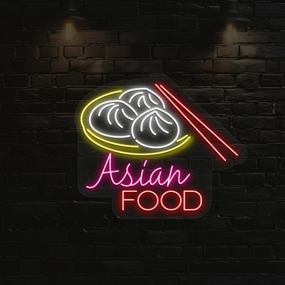 red pink white and yellow bao asian food neon sign mounted on a wall