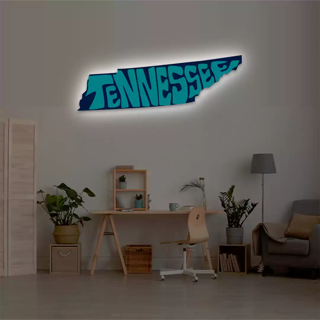 Tennessee map backlit metal wall art vinyl print with warm white LED glow