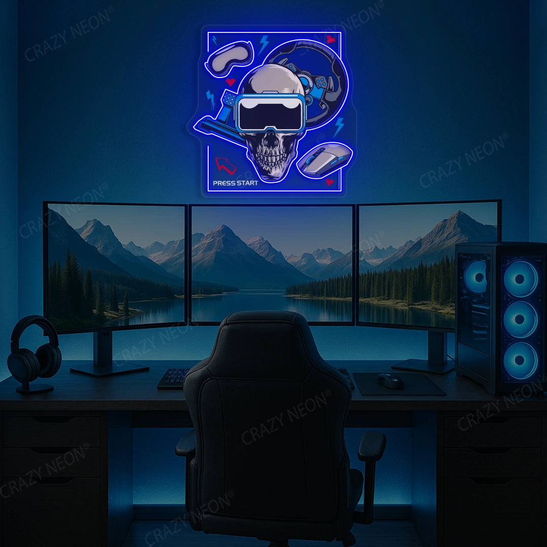 VR Skull Racer Gaming Neon Artwork in blue color