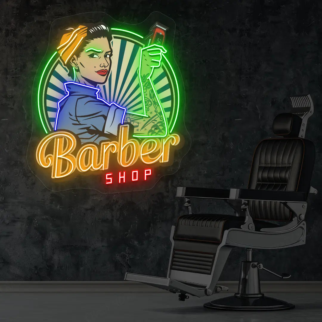 Women Barber Shop Neon Artwork in Green Colour Mounted on Wall 
