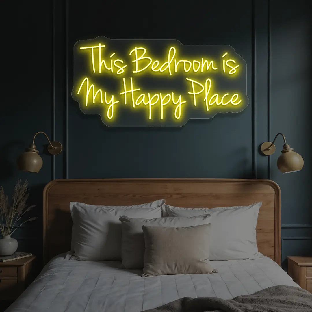 yellow this bedroom is my happy place neon sign mounted on a wall