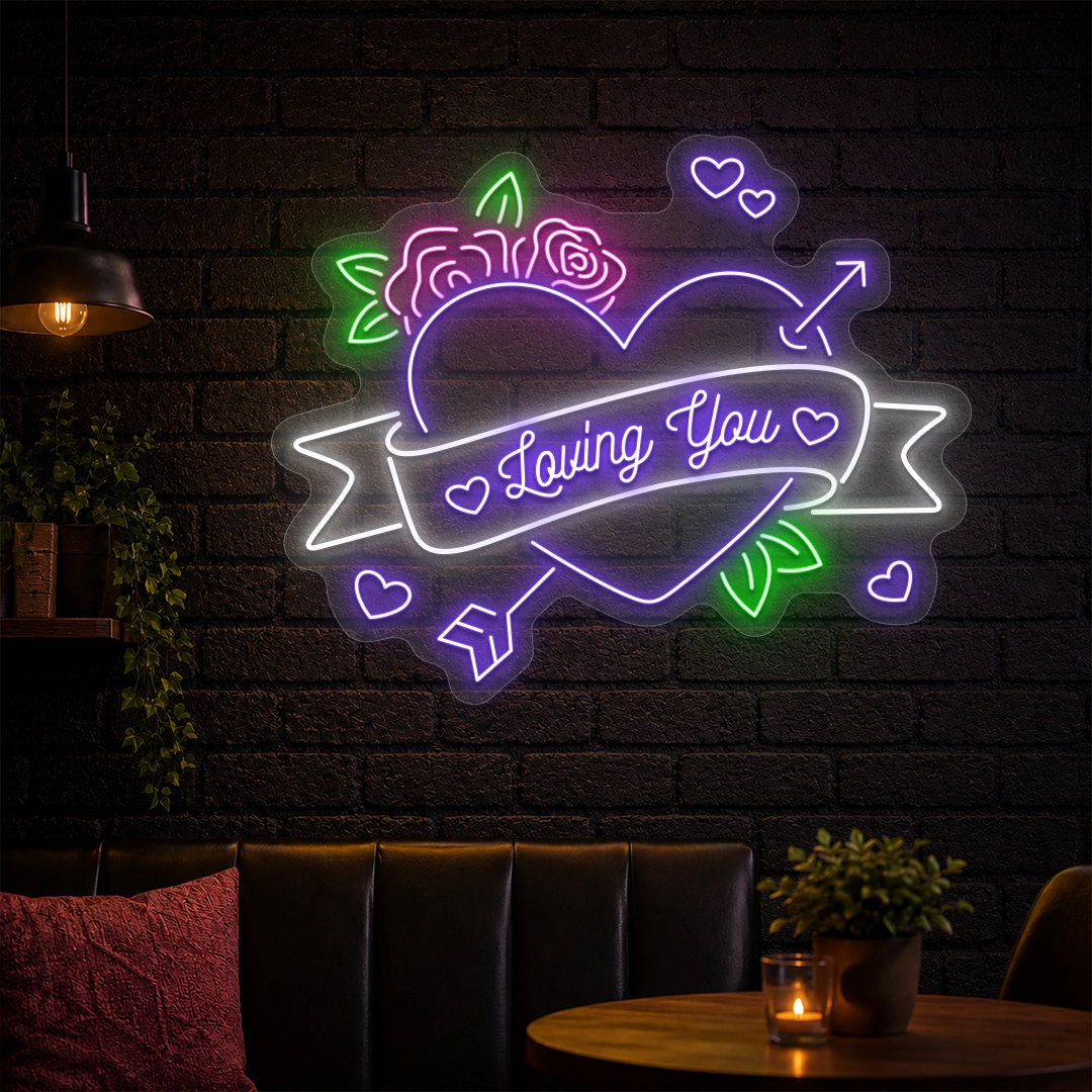 Loving You Rose Heart Arrow Neon Sign in  purple color