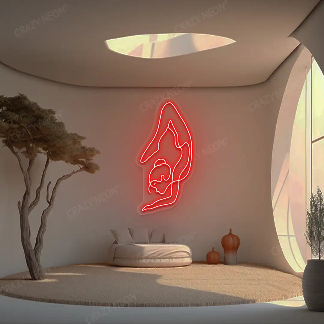 Purna Vrishchikasana Yoga Neon Sign glowing in red color in a yoga room