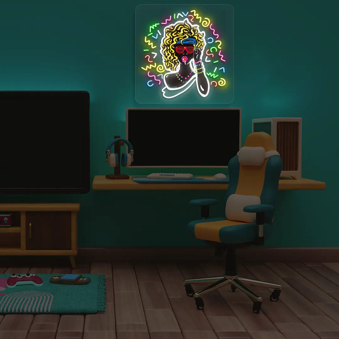 Funky Pop Diva Neon artwork on green wall