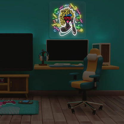 Funky Pop Diva Neon artwork on green wall