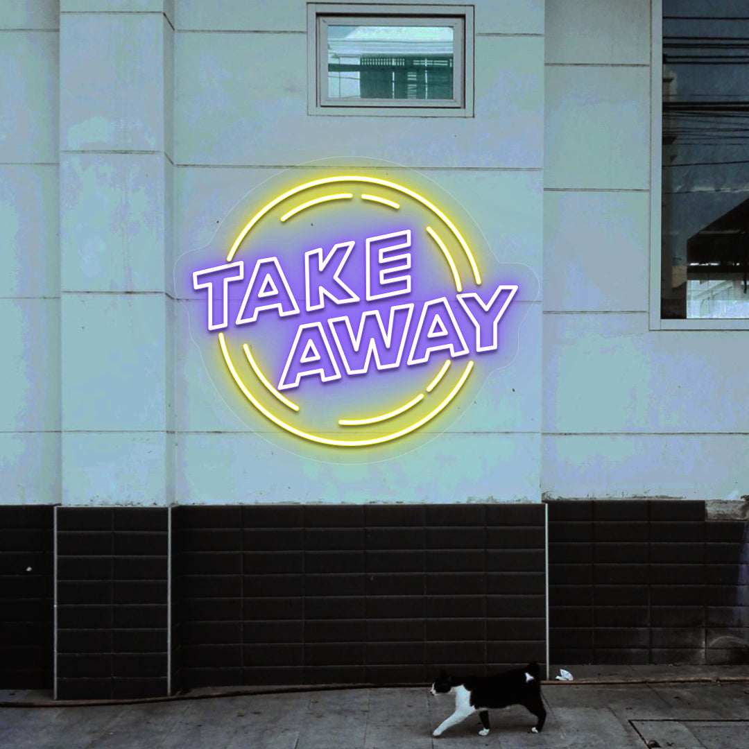 purple and yellow urban take away retro neon sign mounted on a wall