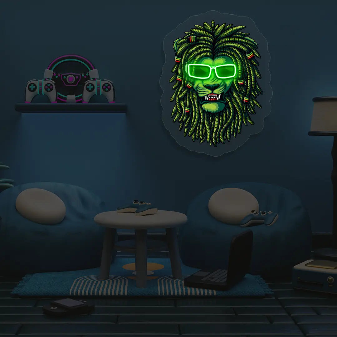 Lion Green Dreadlocks Neon Artwork in Green color
