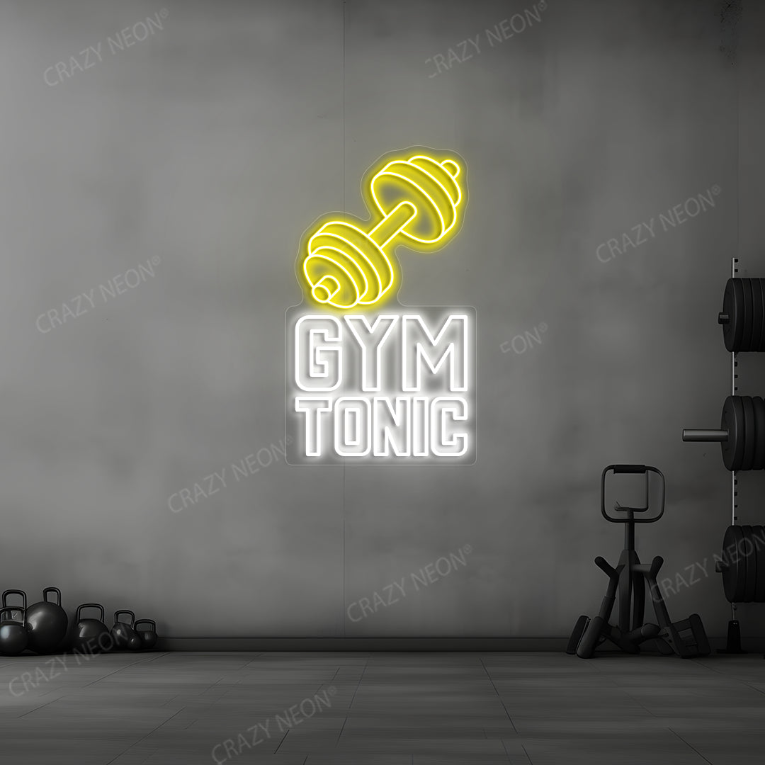 yellow and white gym tonic barbell neon sign mounted on a wall