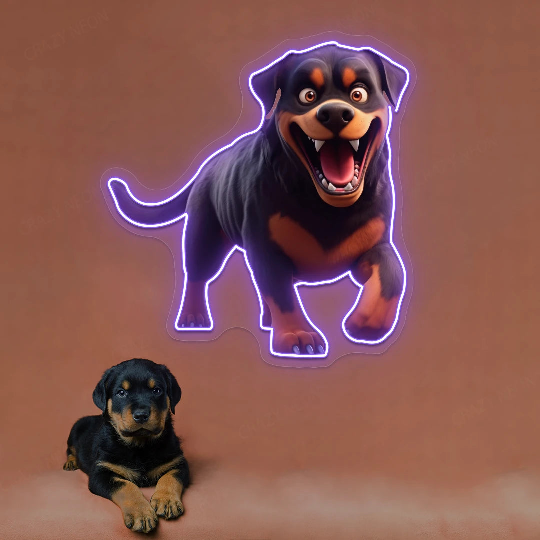 Playful Puppy Rottweiler Neon Artwork in purple color