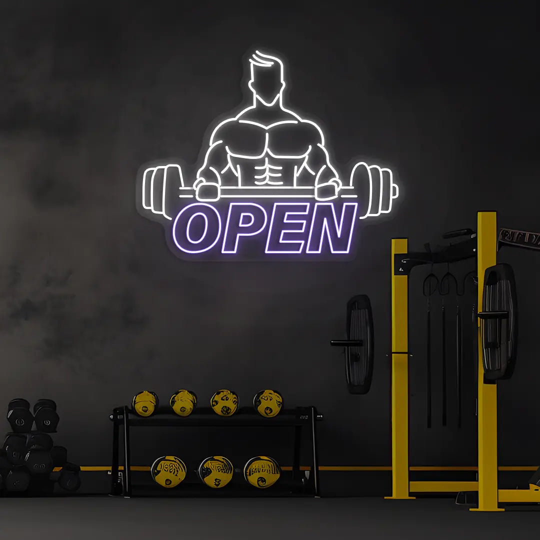 purple and white open gym bodybuilder neon sign mounted on a wall