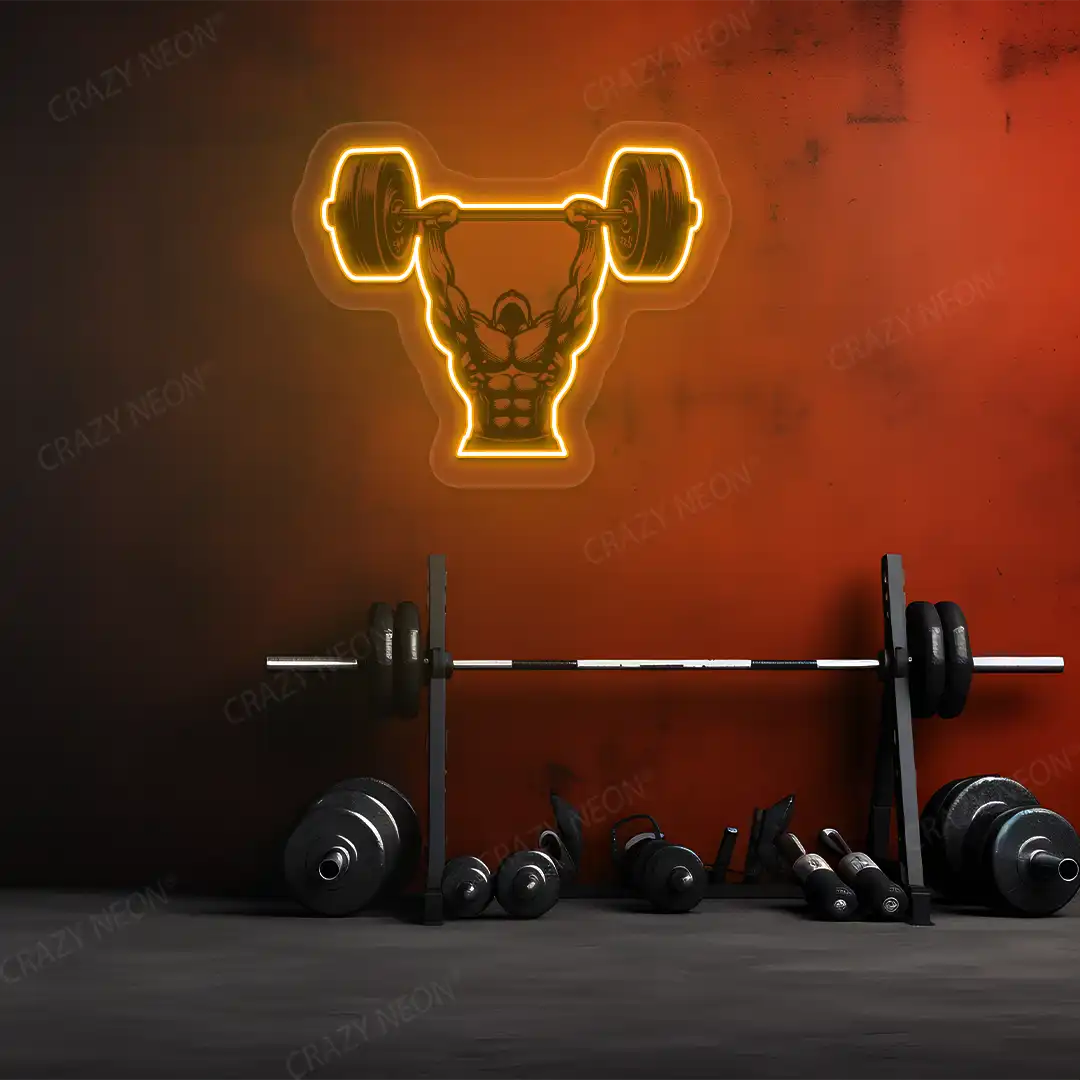 orange barbell overhead press gym neon artwork mounted on a wall 