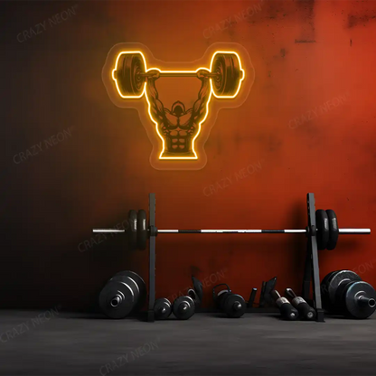 orange barbell overhead press gym neon artwork mounted on a wall 