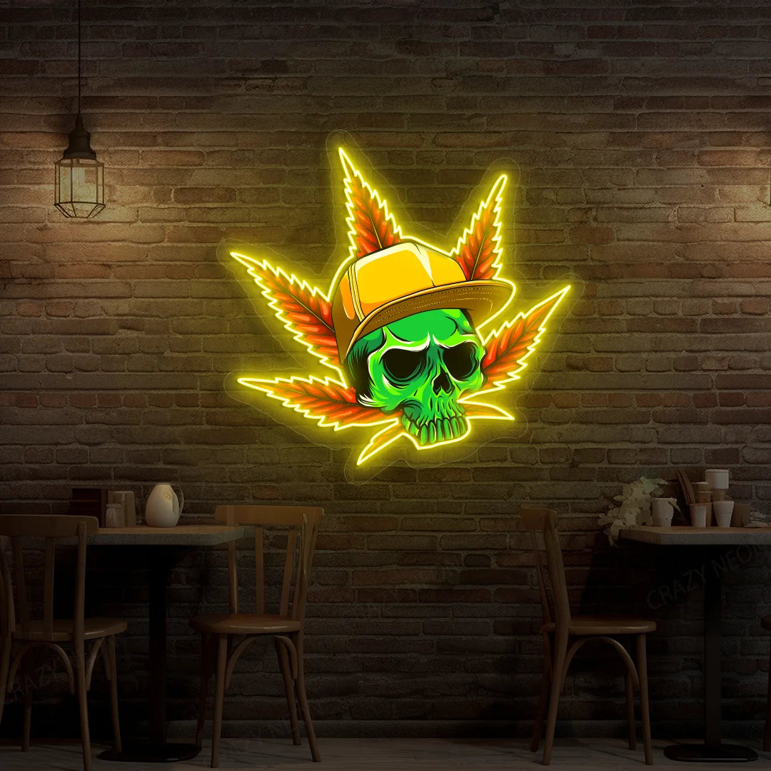 Skull Cap Weed Leaf Neon Artwork in yellow color