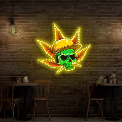 Skull Cap Weed Leaf Neon Artwork in yellow color