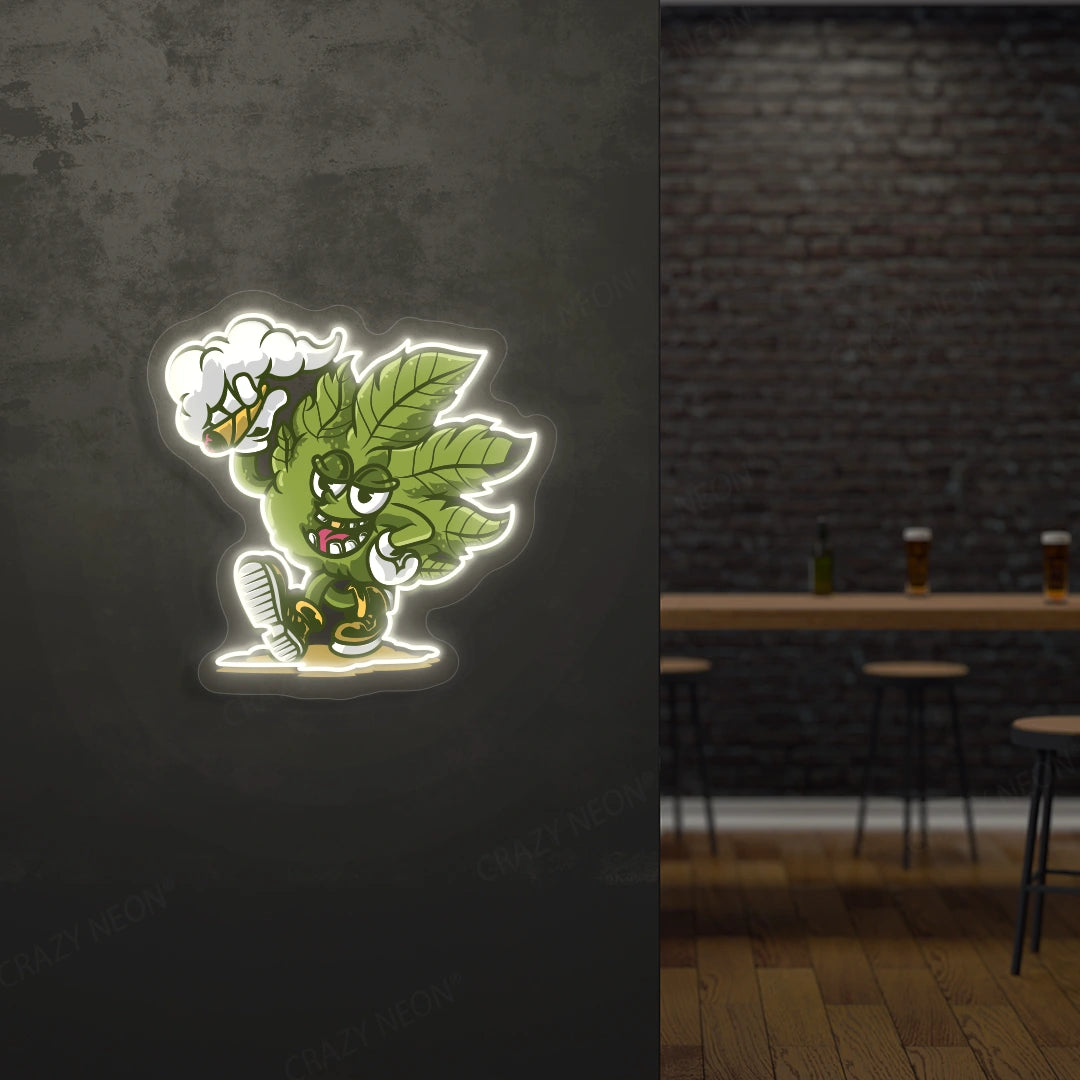 Cool Weed Leaf Character Neon Artwork in warmwhite color