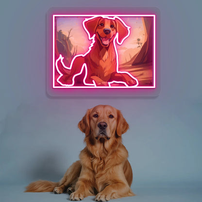 Golden Retriever Portrait Neon Artwork in pink color