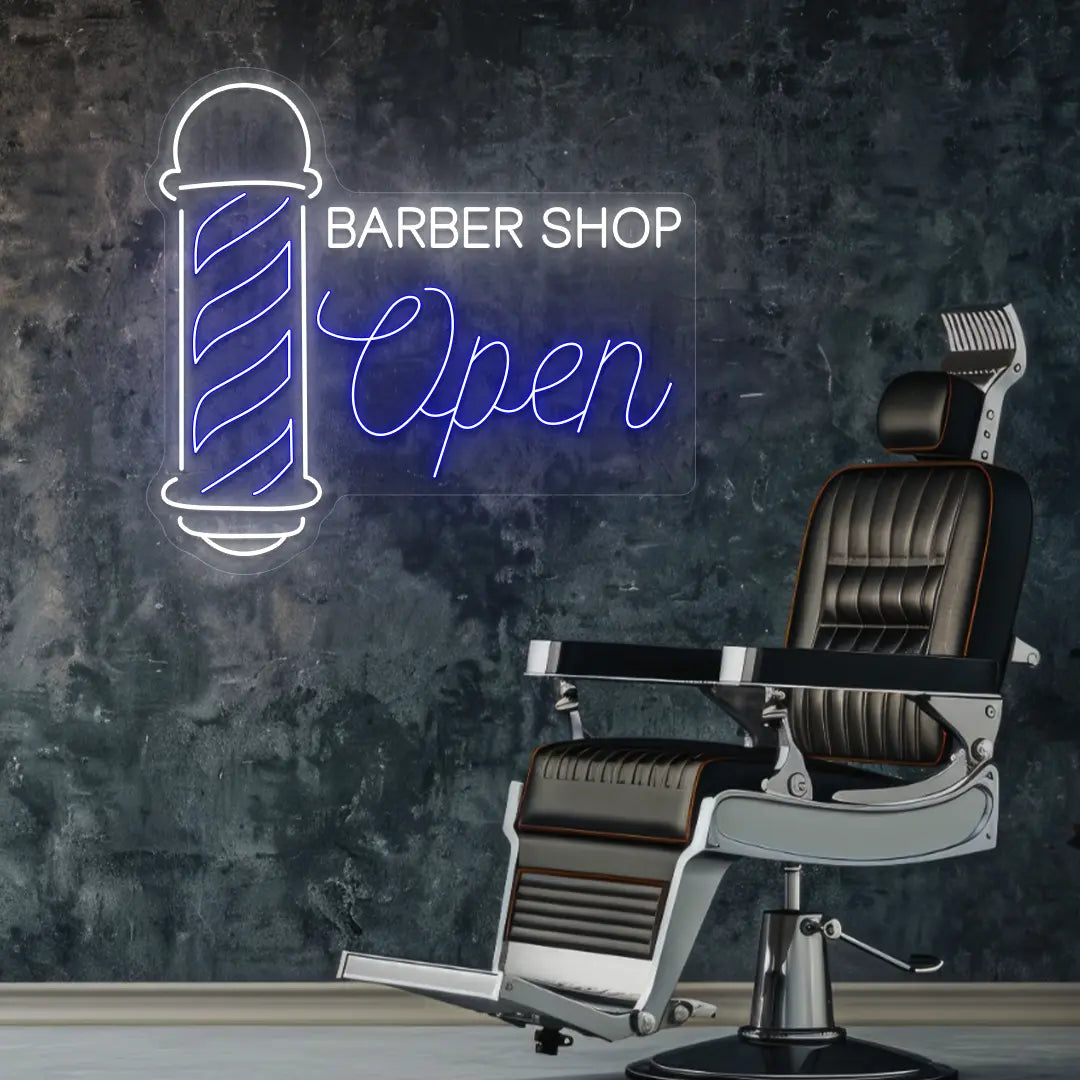 Barber Shop Open Neon Sign in Blue color