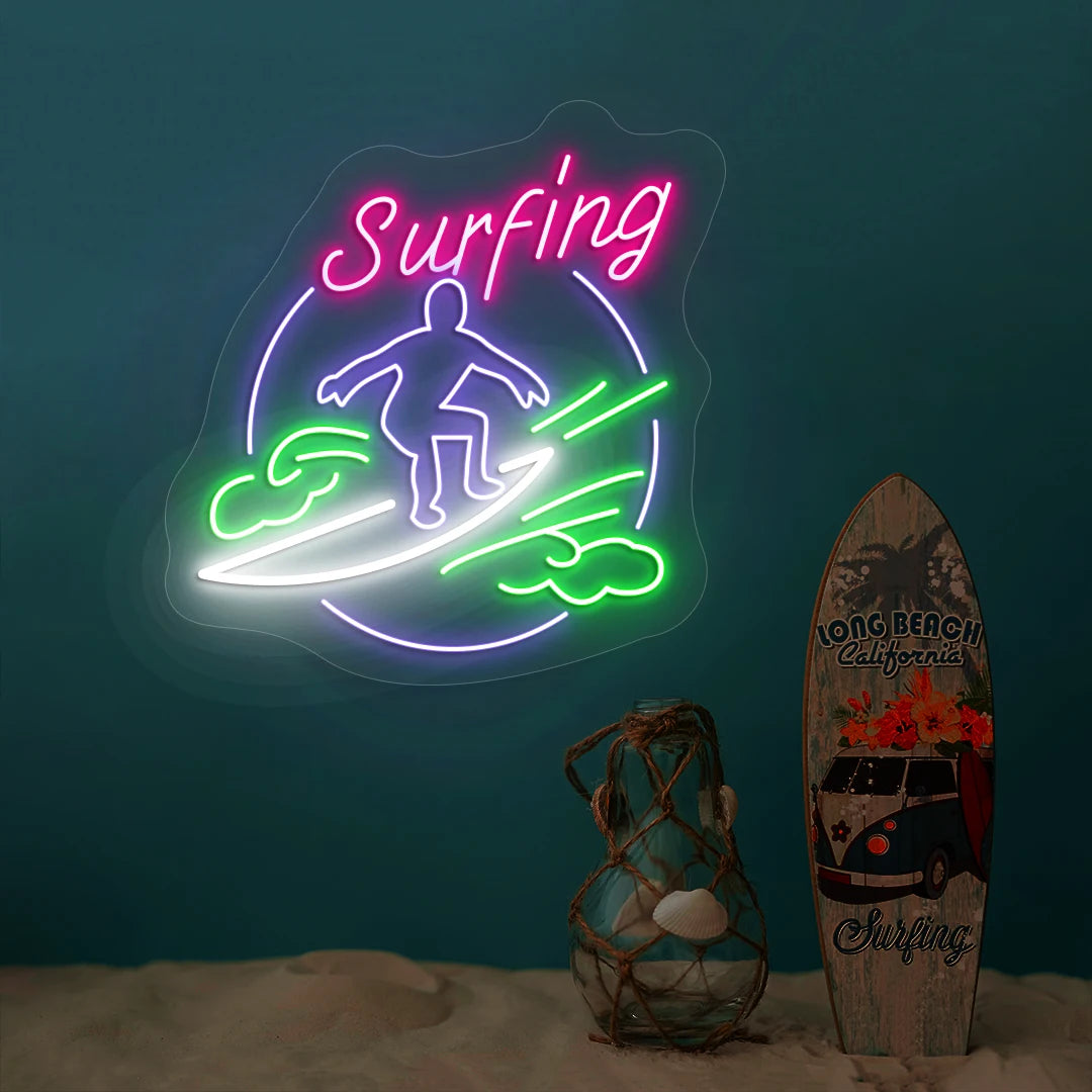 multi color surfing neon sign mounted on a wall