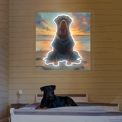 Sunset Beach Rottweiler Meditation Neon Artwork in Warmwhite color