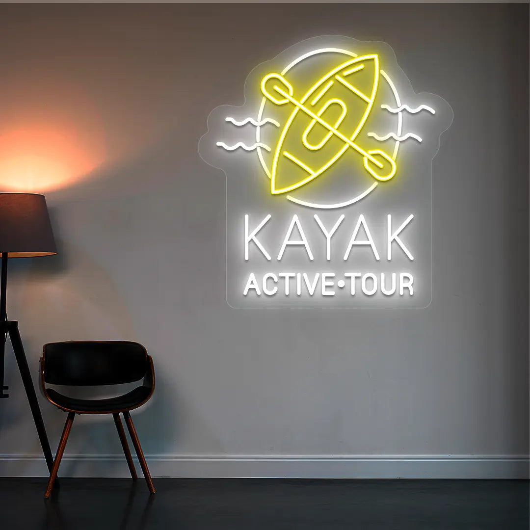 yellow and white kayak active tour neon sign mounted on a wall
